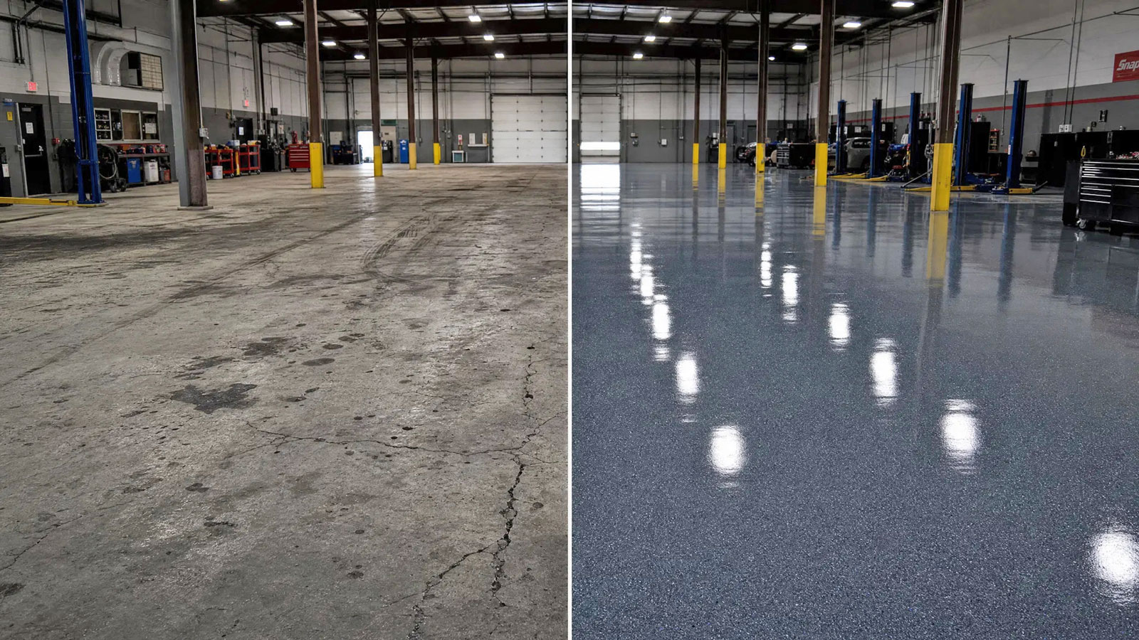 Commercial floor coating before and after — auto shop in Mount Pleasant SC